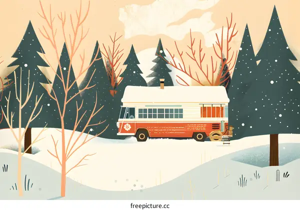 Winter Wonderland with Camper Van and Snowy Forest