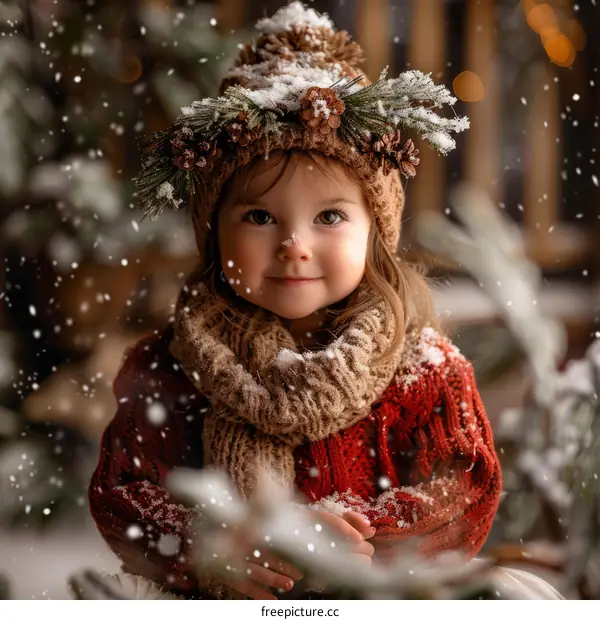 Little girl in red sweater and pine cone hat in snow