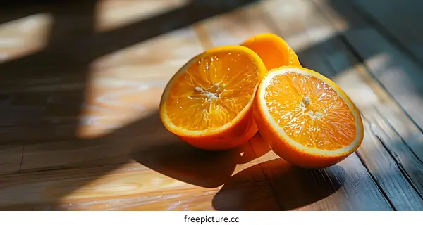 Halved Oranges on a Wooden Table