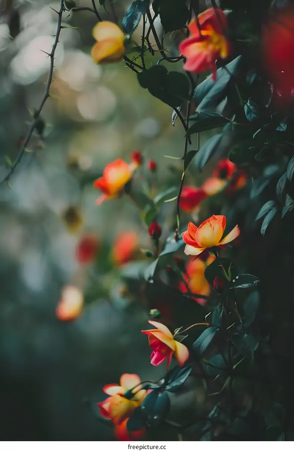 Close Up View of Pink and Yellow Roses in Bloom