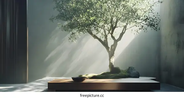 Minimalist Zen Garden with Tree and Wooden Table