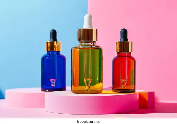 Cosmetic Bottles with Droppers on Pastel Backgrounds