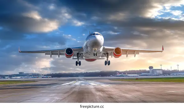 Airplane Landing at Airport with Dramatic Sky