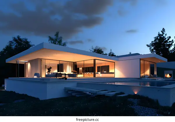 Modern Architecture Home Design with Pool at Dusk