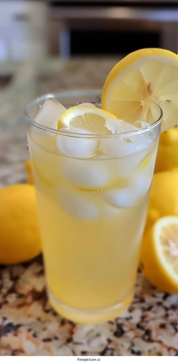 Refreshing Glass of Lemonade With Ice and Lemon Slices