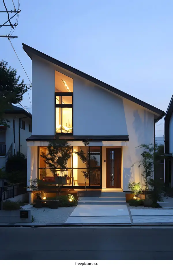 Modern House with Triangular Roof and Large Windows at Dusk