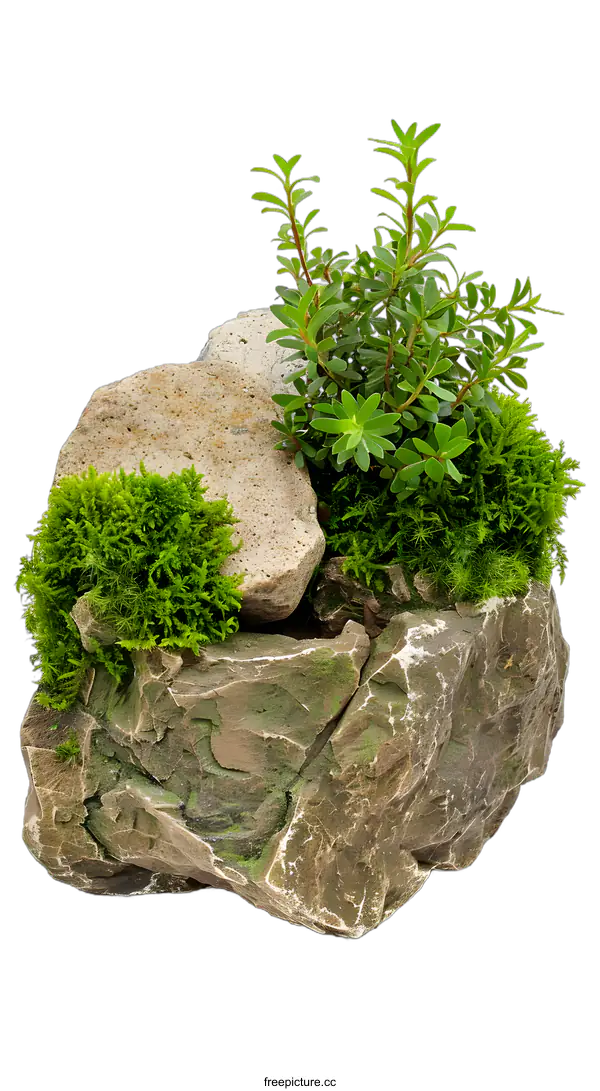 [Transparent Background PNG]Green Plants and Rocks on White Background