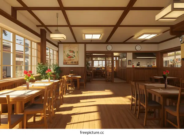 Empty Restaurant Interior Design With Wooden Tables And Chairs