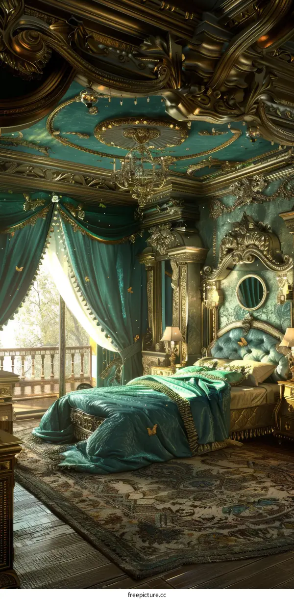 Opulent Bedroom with Green and Gold Decor