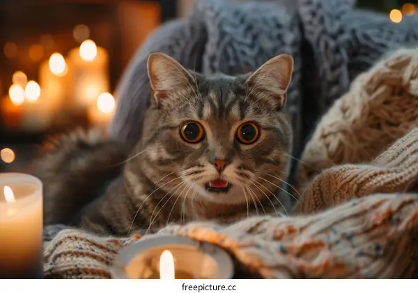 A cat is sitting on a blanket near a fireplace with candles