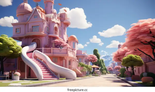 A Pink and White House with a Slide and a Garden