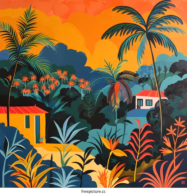 Tropical Sunset with Palm Trees and a House