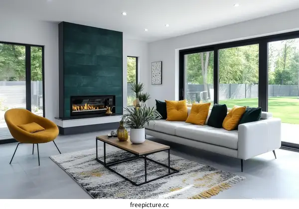 Modern Living Room Interior Design with Teal Fireplace