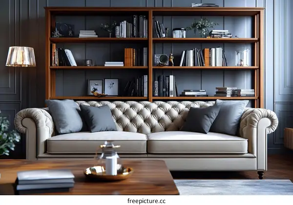 Elegant Living Room with Bookshelves and Chesterfield Sofa