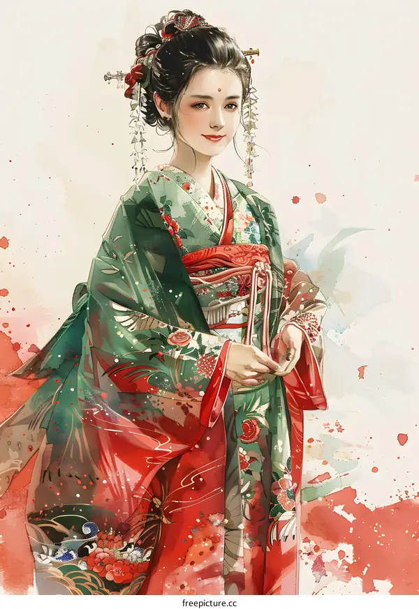 An illustration of a beautiful woman in a red and green kimono