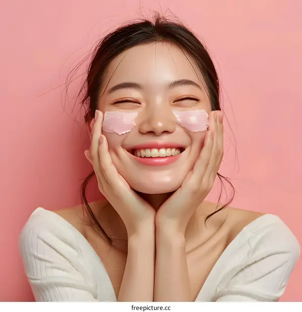 Happy Asian Woman with Pink Mask on Face