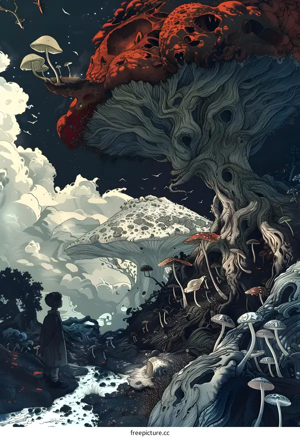 Fantasy Forest with a Giant Mushroom and a Single Child