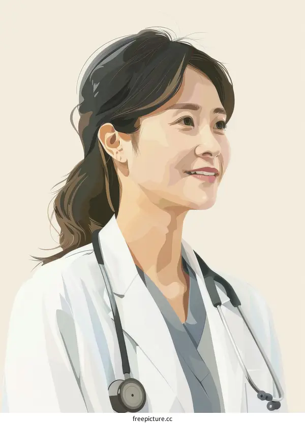 A female doctor with long brown hair wearing a white coat and stethoscope