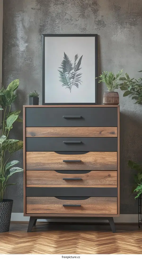 Modern Wooden Chest of Drawers with Botanical Print