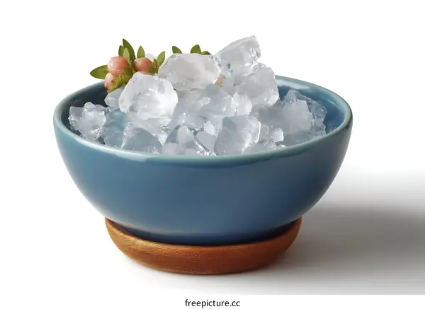 Ice Cubes in a Blue Bowl on Wooden Tray