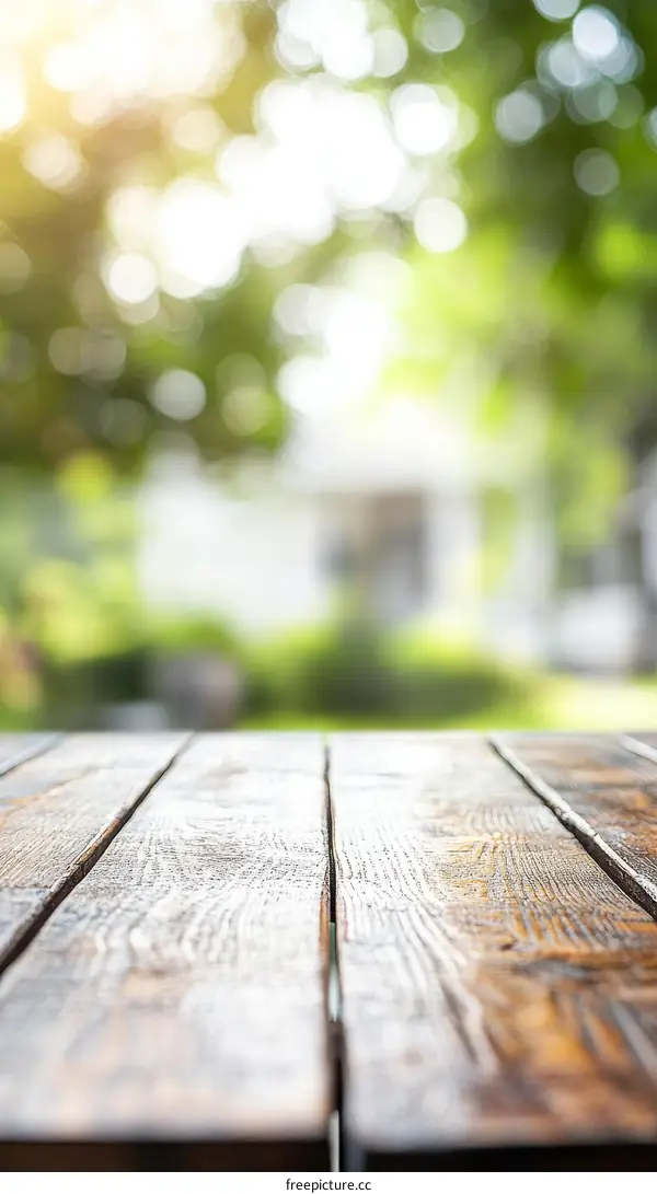 Wooden Table Top with Blurred Green Background