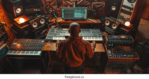 Black music producer in a recording studio