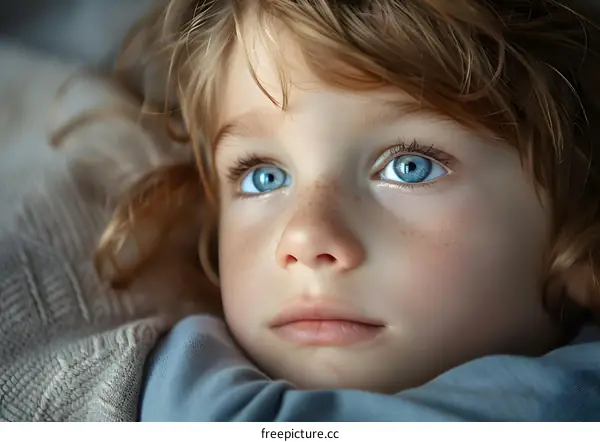 Portrait of a young boy with freckles and blue eyes