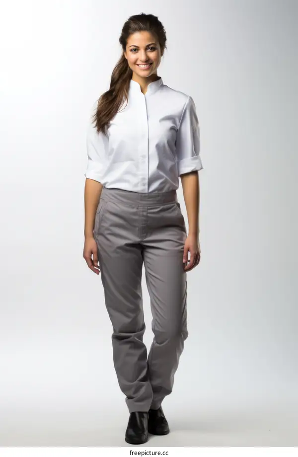 Young female chef in white and gray uniform smiling