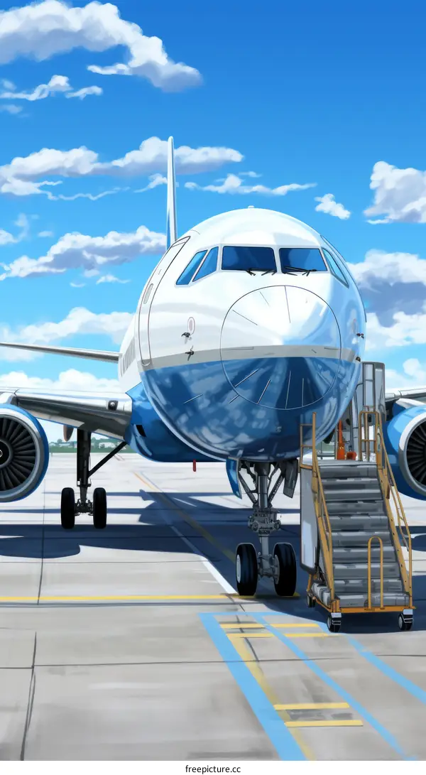 Blue and white airplane parked on the runway with the boarding stairs extended