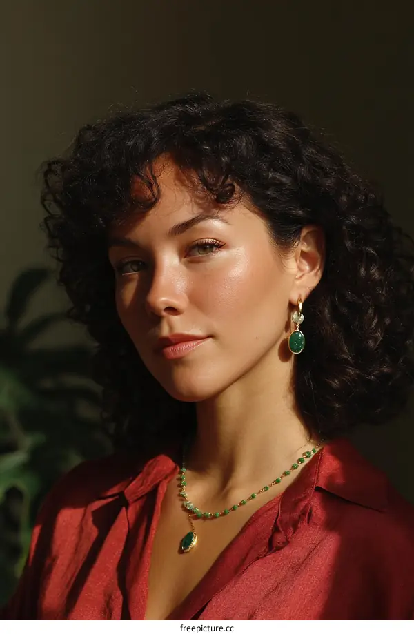 Woman with Green Stone Jewelry Close-up Portrait