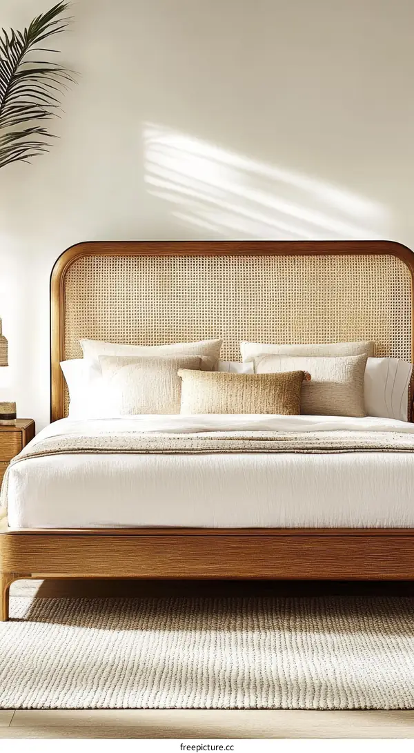 Modern Wooden Bed with Cane headboard in a Minimalist Bedroom