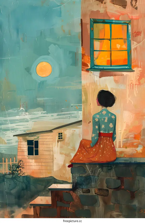 Woman Sitting on a Wall Looking at the Moon and Stars