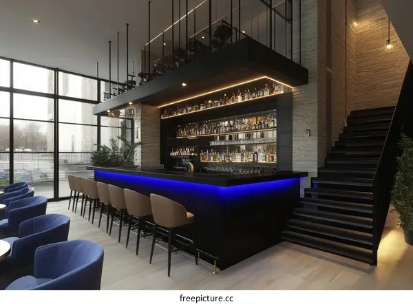 Modern Bar with Stylish Lighting and Blue Accent