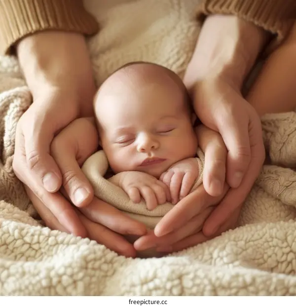 newborn baby sleeping in the hands of his parents