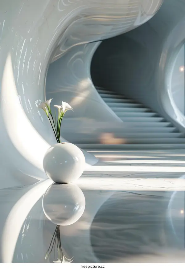 White Calla Lilies in a White Vase by Staircase