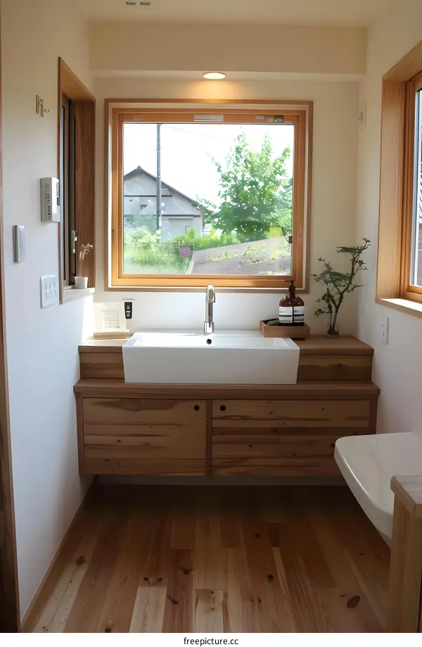 Modern Minimalist Bathroom Sink with Wooden Vanity and Window