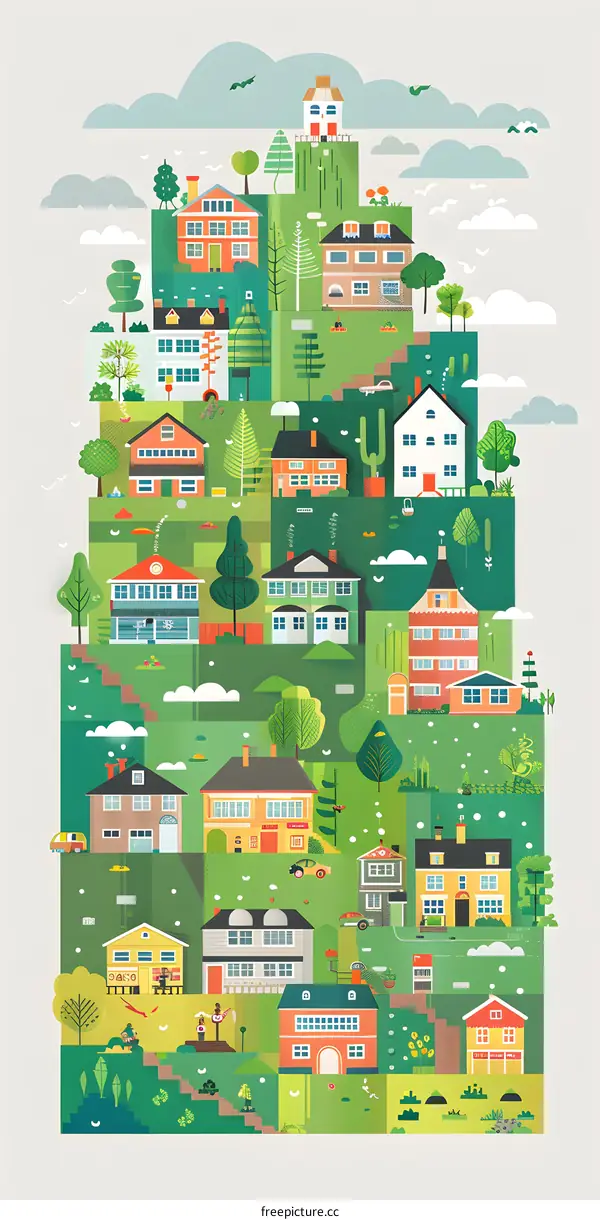 Colorful Illustration of a Small Town with Houses and Trees