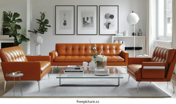Modern Living Room with Orange Leather Furniture