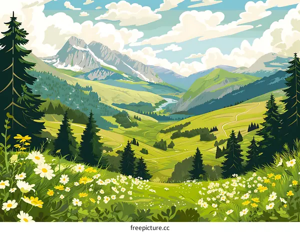 Mountain Meadow Landscape Illustration