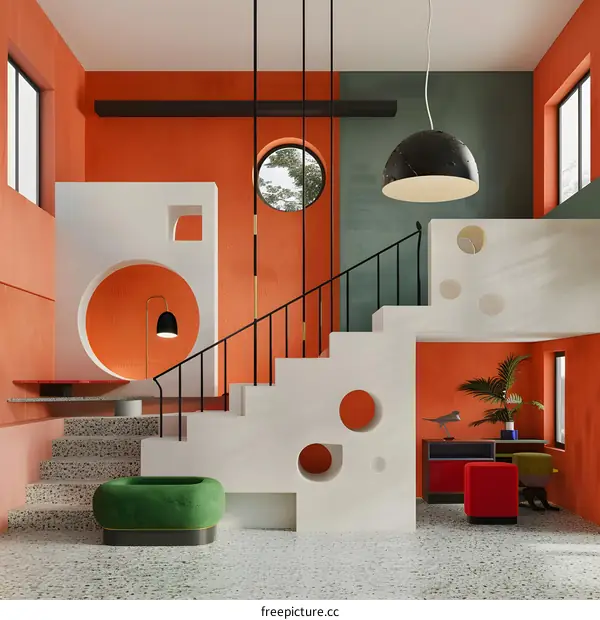 Modern Interior Design with Orange Walls and Circular Cutouts