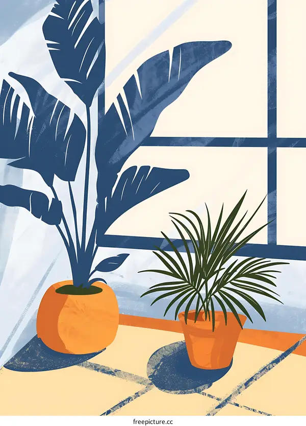 Minimalist Illustration of Two Plants Near a Window
