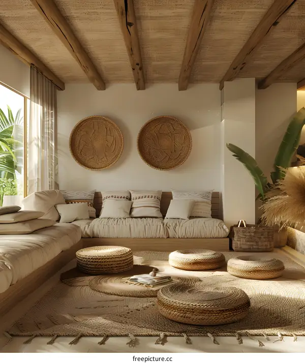 The living room is decorated in a natural and comfortable style
