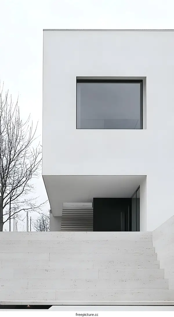 Minimalist Modern White House with Large Window and Stone Steps