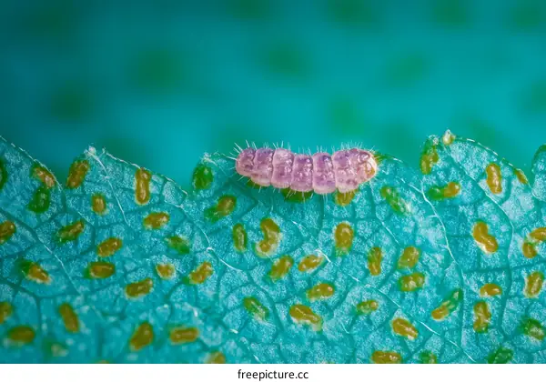 Close-up Macro Photo of a Pink Caterpillar on a Teal Leaf