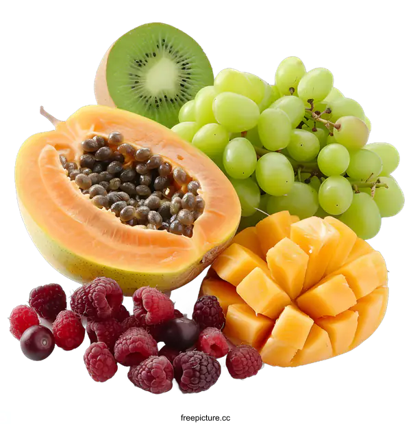 [Transparent Background PNG]Fresh Tropical Fruits Arrangement with Kiwi, Papaya, Grapes and Mango