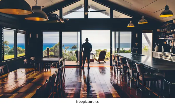 Modern Home with Ocean View and Man Standing by Window