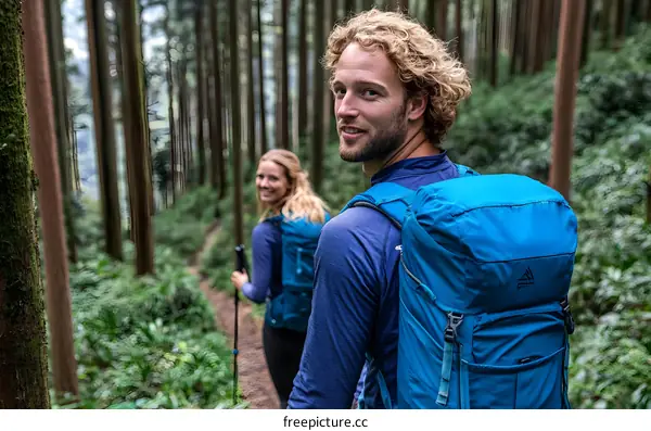 Couple Hiking Through Tall Trees In Forest