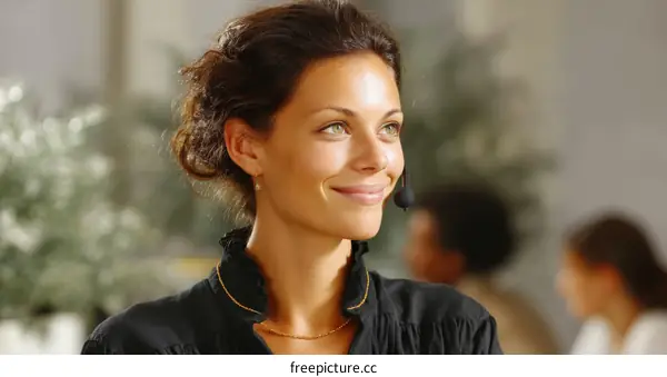 Smiling Woman Wearing Headset in Business Setting