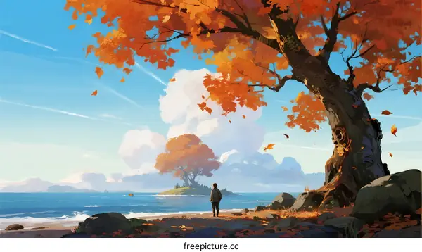 A Person Standing Under a Vibrant Orange Maple Tree by the Seaside