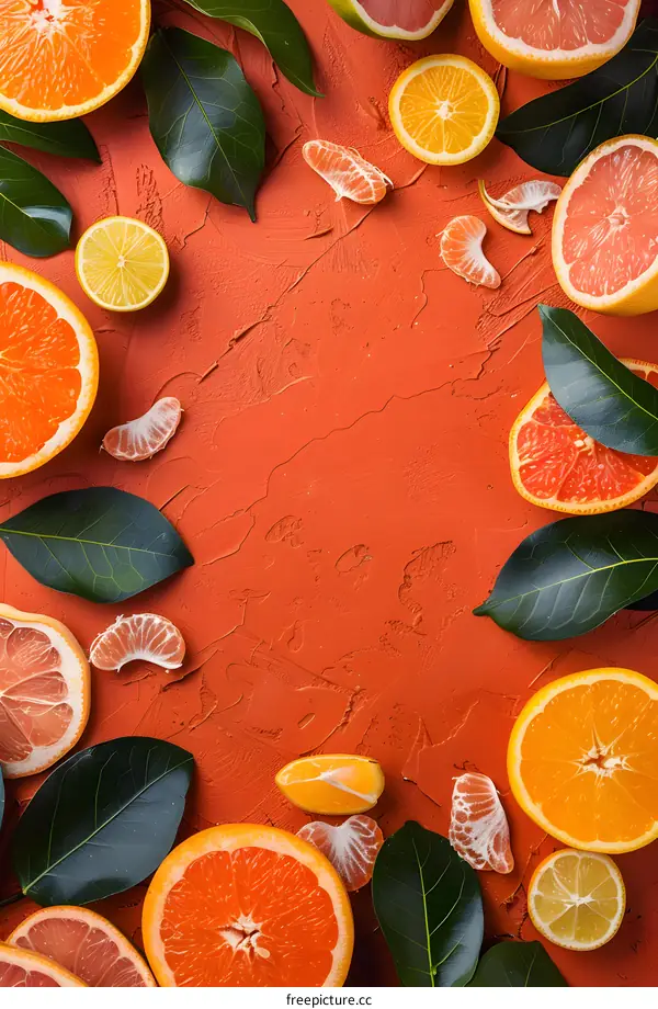 Orange, Grapefruit, Lemon and Tangerine Slices on an Orange Background